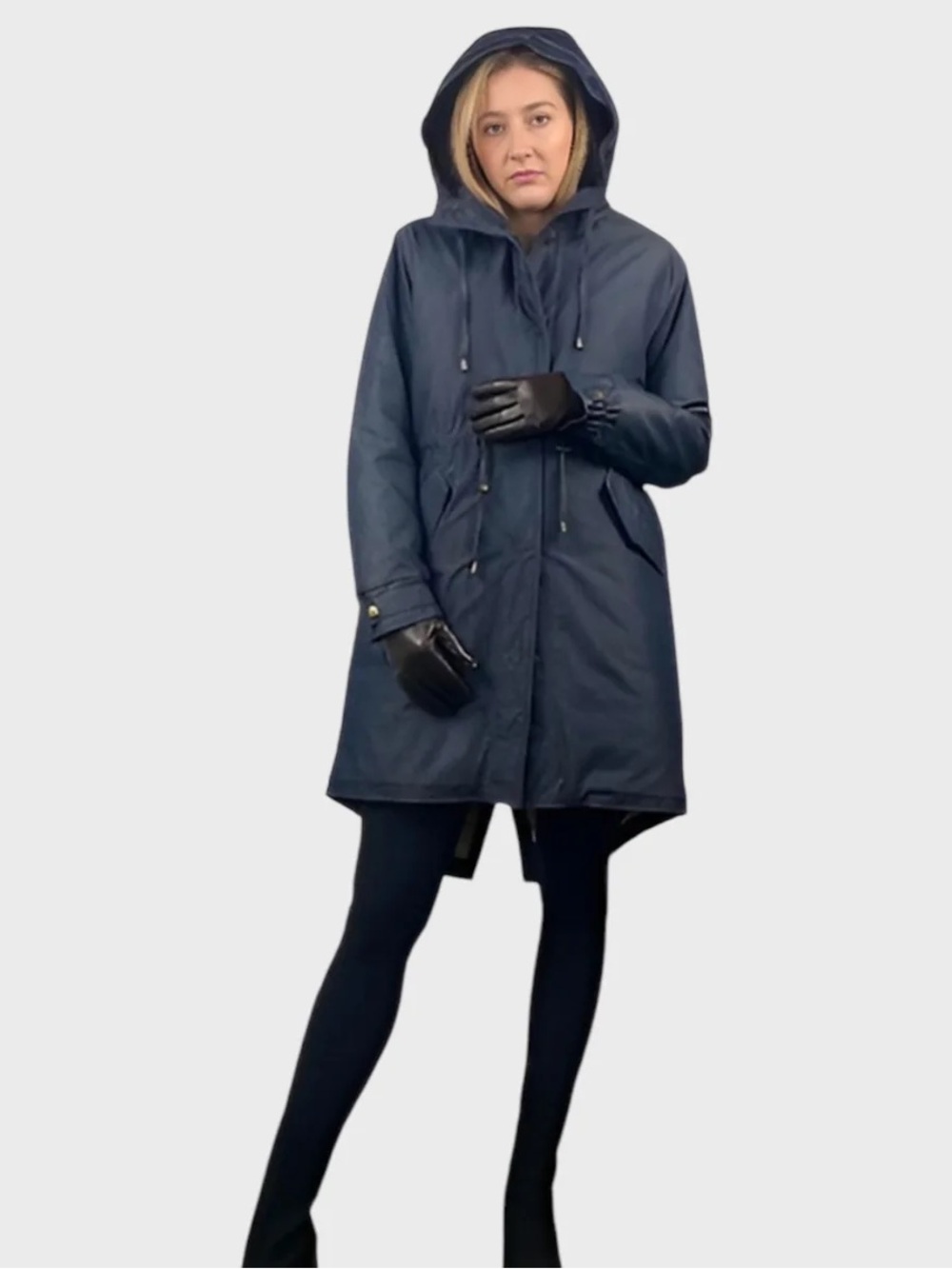 Women's Navy Hooded Twill Parka Jacket Lined With Natural Upcycled Raccoon.